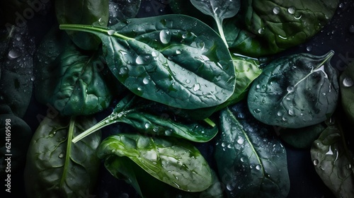 Background of fresh green spinach leaves pattern. Realistic illustration. Close-up. generativ ai