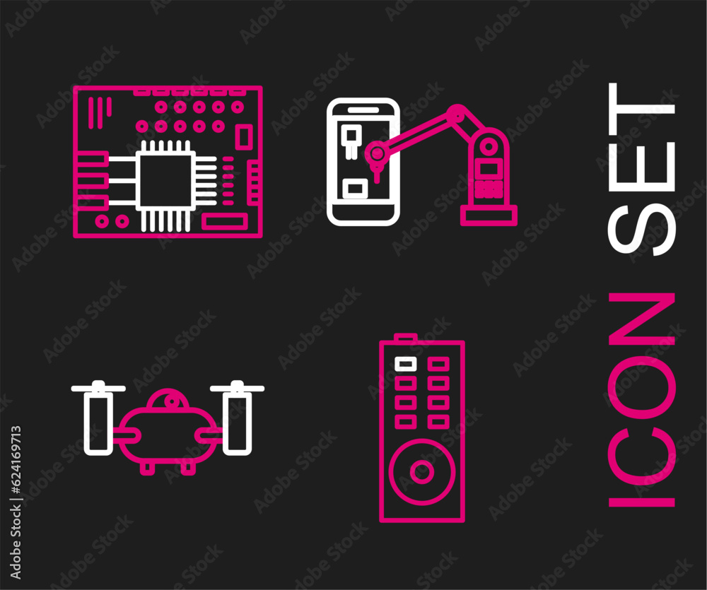 Set line Remote control, Drone flying with action camera, Industrial machine robotic robot arm hand and Printed circuit board PCB icon. Vector Set line Remote control, Drone flying with action camera, Industrial machine robotic robot arm hand and Printed circuit board PCB icon. Vector