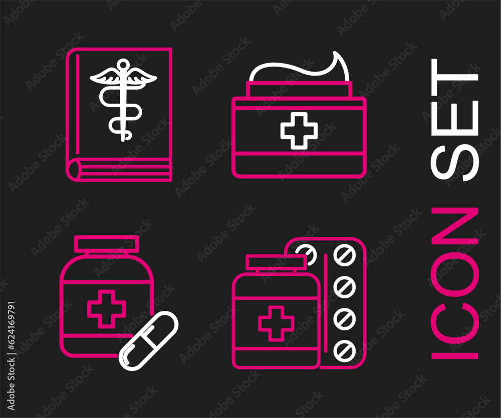 Set line Medicine bottle and pills, Ointment cream tube medicine and Medical book icon. Vector Set line Medicine bottle and pills, Ointment cream tube medicine and Medical book icon. Vector