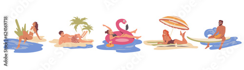 Happy young people cartoon male and female character rest on seacoast, lake or river bank in summer