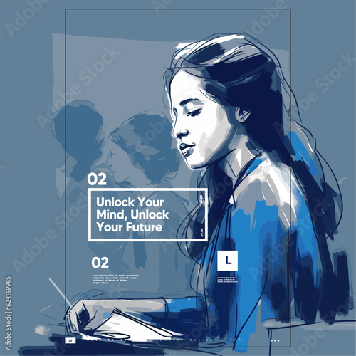 Back to School. First day of school. Banner vector illustration background. A young girl reading a book.. Typography poster design and vectorized watercolor illustrations on a background. 