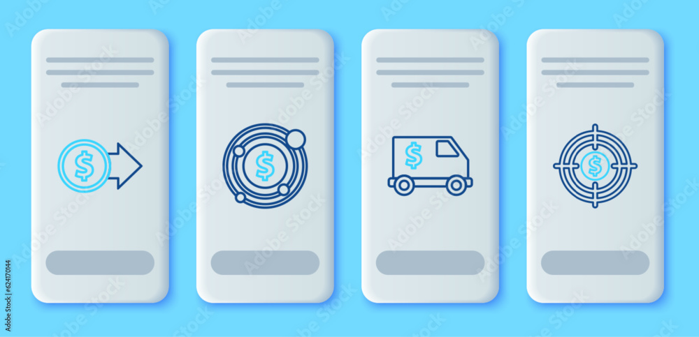 Set line Target with dollar symbol, Armored truck, Coin money and icon. Vector