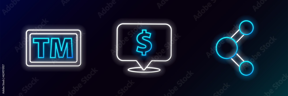 Set line Share, Trademark and Speech bubble with dollar icon. Glowing neon. Vector Set line Share, Trademark and Speech bubble with dollar icon. Glowing neon. Vector