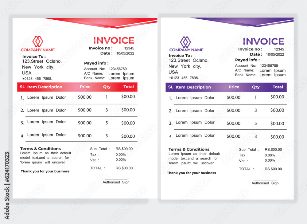 Business Minimal Corporate Invoice design template vector illustration bill form price . Creative template and stationery design payment agreement design template Cash Memo, Vector Quotation Design