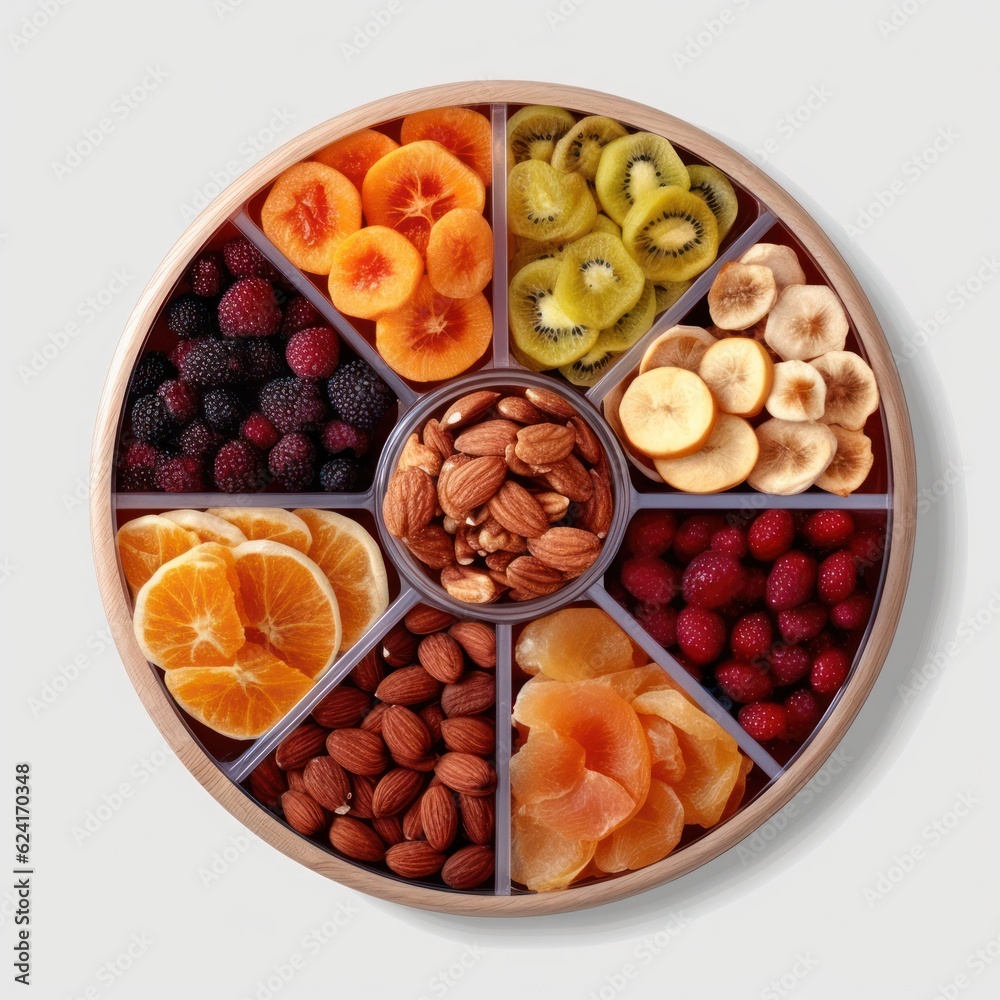 dried fruits and nuts on a round plate .top view. close-up. Generative AI dried fruits and nuts on a round plate .top view. close-up. Generative AI