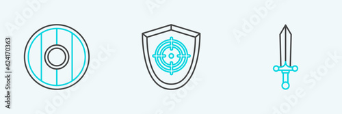 Set line Medieval sword, Round wooden shield and Target sport icon. Vector