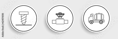 Set line Tanker truck, Rotating drill digging hole and Industry pipe and valve icon. Vector