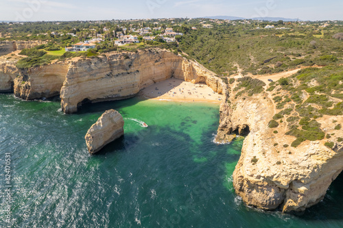 Aerial drone view of the Benagil beach in Algarve province, Portugal