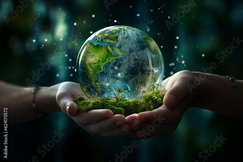 Earth in hand Green planet in hand, a call to save the Earth. Generative AI