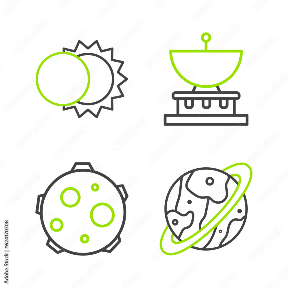 Set line Space capsule and parachute, UFO abducts cow, Planet Saturn and Eclipse of the sun icon. Vector Set line Space capsule and parachute, UFO abducts cow, Planet Saturn and Eclipse of the sun icon. Vector