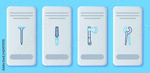 Set line Chisel tool for wood, Wooden axe, Metallic nail and Pincers and pliers icon. Vector
