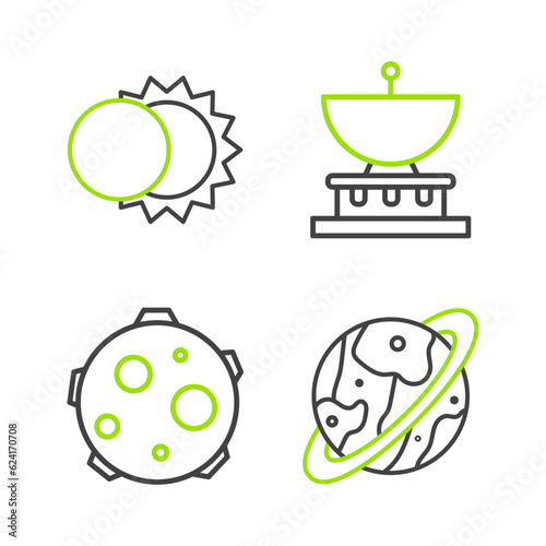 Set line Space capsule and parachute  UFO abducts cow  Planet Saturn and Eclipse of the sun icon. Vector