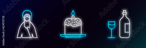 Set line Wine bottle with glass, Jesus Christ and Easter cake and candle icon. Glowing neon. Vector