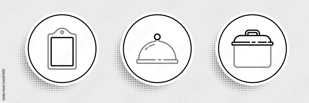 Set line Cooking pot, Cutting board and Covered with tray of food icon. Vector Set line Cooking pot, Cutting board and Covered with tray of food icon. Vector