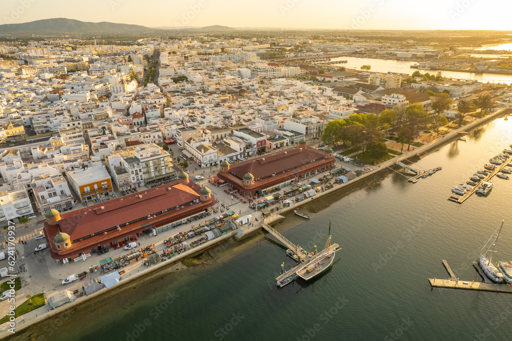 Aerial view of the Olhao cityscape at sunrise, Algarve region, Portugal
