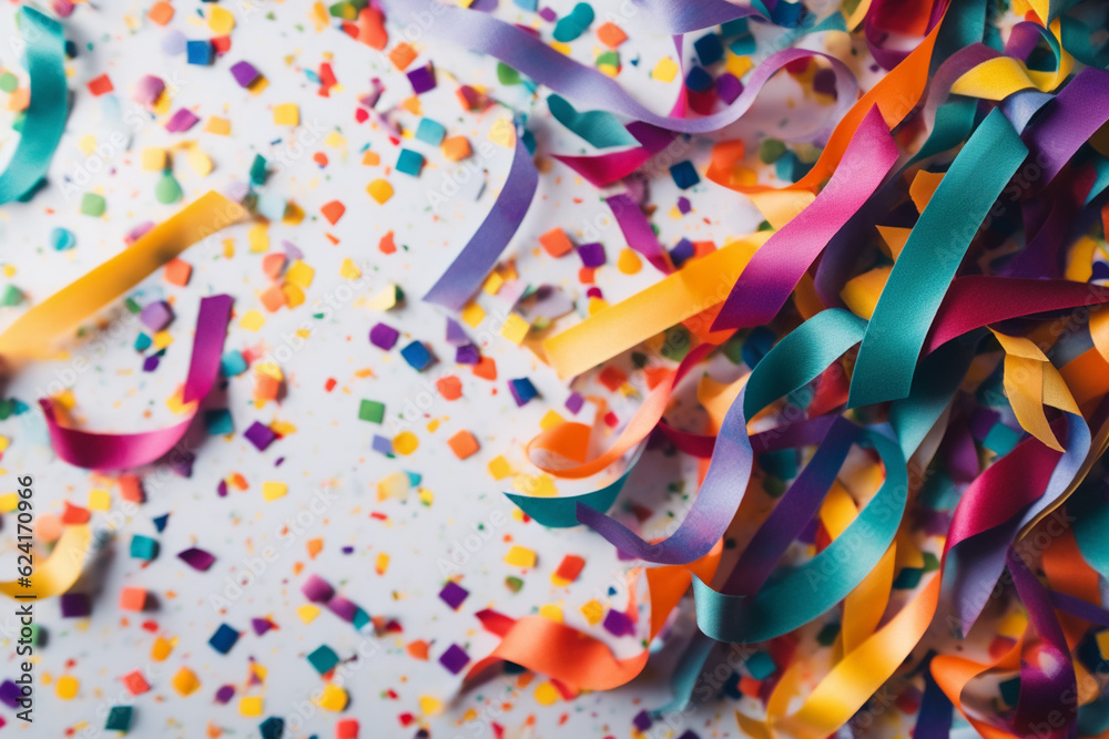 Colorful confetti and paper streamer on the white backgroud