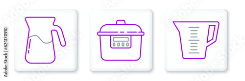 Set line Measuring cup, Jug glass with water and Slow cooker icon. Vector