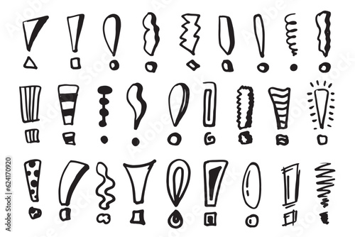 Set of hand drawn Sketch exclamation marks. Vector illustration. Doodle icon collection.