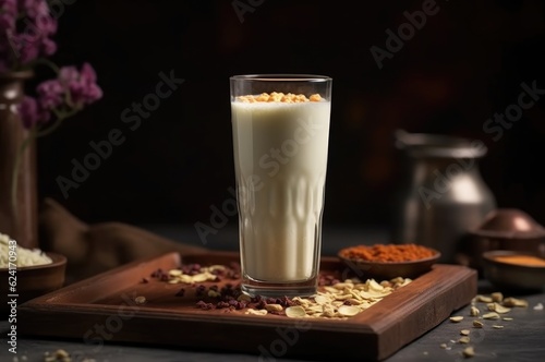 a refreshin glass of sweet lassi, a glass of lassi, sweet lassi, lassi, sweet, traditional indian drink photo