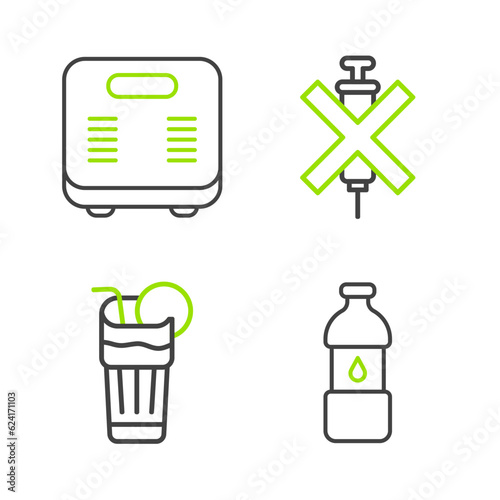 Set line Bottle of water, Fresh smoothie, No doping syringe and Bathroom scales icon. Vector