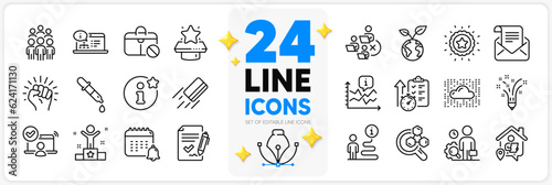 Icons set of Timer, Chemistry pipette and Jobless line icons pack for app with Winner podium, Online documentation, Chart thin outline icon. Credit card, Info, Save planet pictogram. Vector