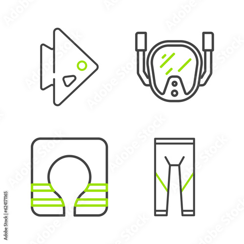 Set line Wetsuit, Life jacket, Diving mask and Fish icon. Vector