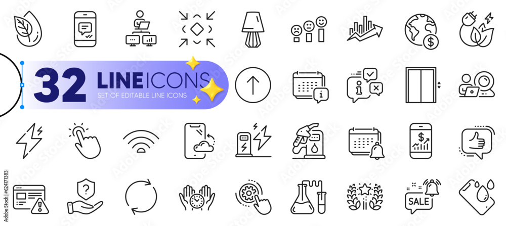 Outline set of Organic product, Like and Mobile finance line icons for web with Cogwheel settings, Video conference, Power thin icon. Message, Green energy, Internet warning pictogram icon. Vector