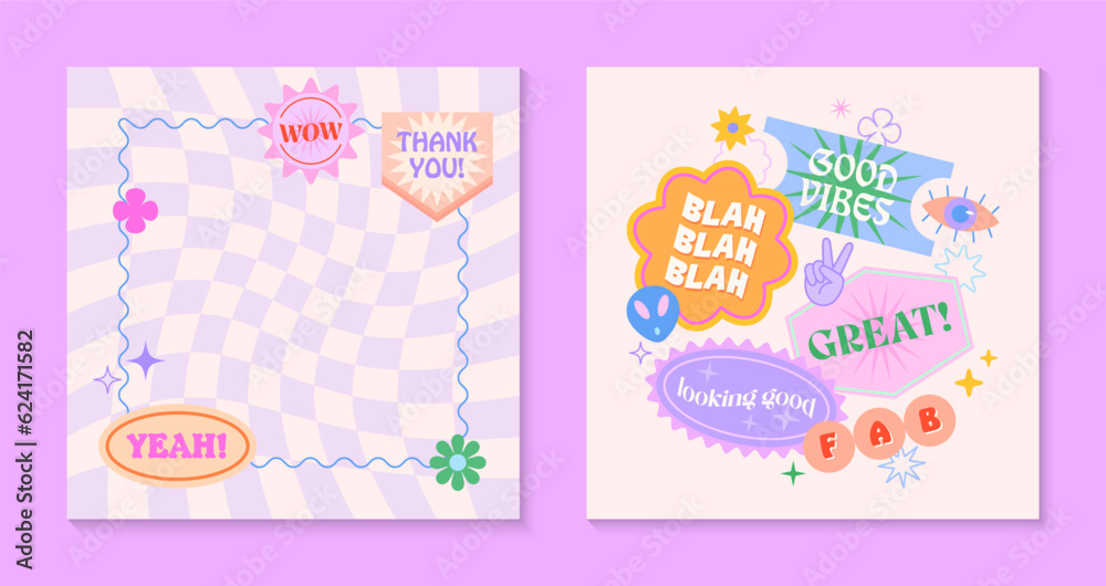 Vector templates with patches and stickers in 90s style.Modern emblems in y2k aesthetic with chess background.Trendy funky designs for banners,social media marketing,branding,packaging,covers Vector templates with patches and stickers in 90s style.Modern emblems in y2k aesthetic with chess background.Trendy funky designs for banners,social media marketing,branding,packaging,covers