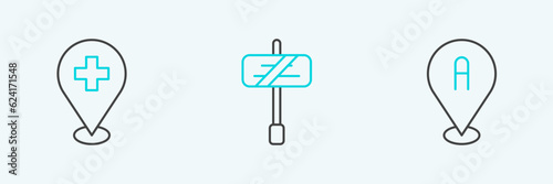 Set line Location, Medical location with cross and Road traffic sign icon. Vector