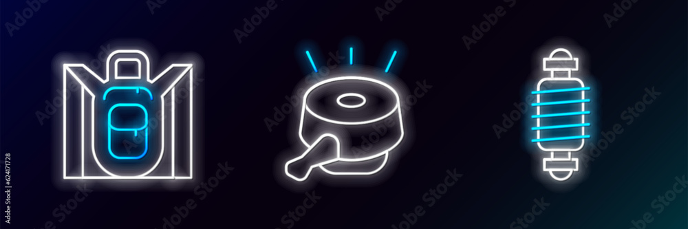 Set line Bicycle suspension, Hiking backpack and bell icon. Glowing neon. Vector