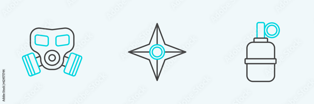 Set line Hand grenade, Gas mask and Japanese ninja shuriken icon. Vector Set line Hand grenade, Gas mask and Japanese ninja shuriken icon. Vector