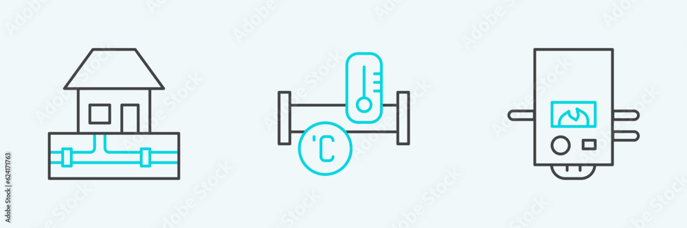 Set line Gas boiler, Water supply pipes and Industry metallic icon. Vector Set line Gas boiler, Water supply pipes and Industry metallic icon. Vector