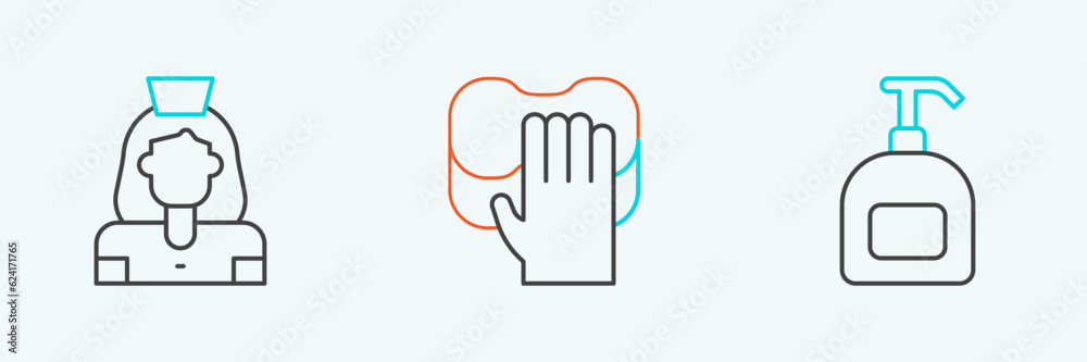 Set line Bottle of liquid soap, Cleaning lady service and icon. Vector Set line Bottle of liquid soap, Cleaning lady service and icon. Vector