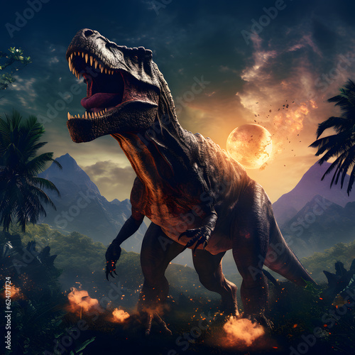 Tyrannosaurus Rex in lush valley with volcano and full moon © Hector
