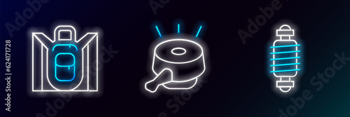 Set line Bicycle suspension, Hiking backpack and bell icon. Glowing neon. Vector