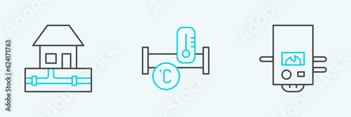 Set line Gas boiler, Water supply pipes and Industry metallic icon. Vector
