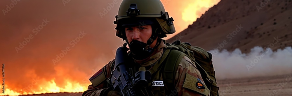 Close up Military special forces soldier crosses destroyed warzone through fire and smoke in the desert. Contemporary battlefield. Modern war. Special military operation. Banner. Generative AI