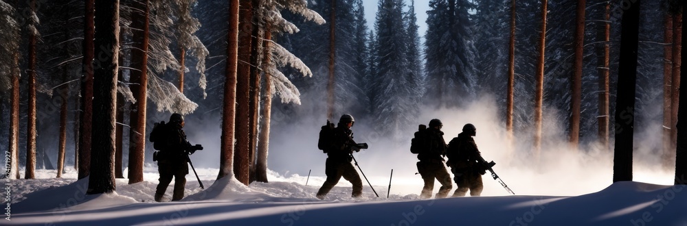 Soldiers in winter camouflaged uniform in Modern warfare army on a snow ...
