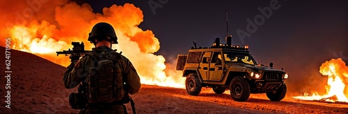 Close up Military special forces soldier crosses destroyed warzone through fire and smoke in the desert. Military jeep on background. Battlefield. Modern war. Special military operation. Generative AI