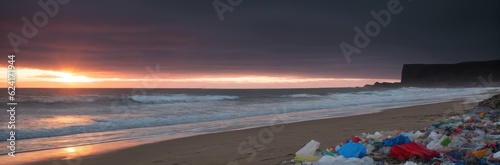 Spilled garbage on the beach of the big city. Empty used dirty plastic bottles. Dirty sea sandy shore. Environmental pollution. Ecological problem. Banner. Moving waves in background. Generative AI