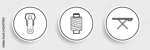 Set line Ironing board, Zipper and Sewing thread spool icon. Vector