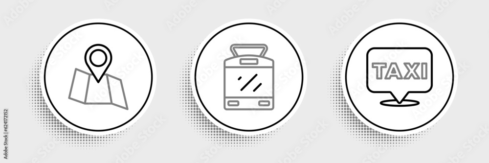 Set line Location with taxi, Folded map location and Tram and railway icon. Vector Set line Location with taxi, Folded map location and Tram and railway icon. Vector