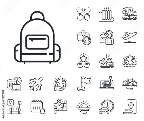 Travel baggage bag sign. Plane jet, travel map and baggage claim outline icons. Backpack line icon. Handbag luggage symbol. Backpack line sign. Car rental, taxi transport icon. Place location. Vector