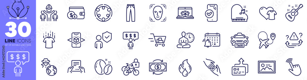 Coffee beans, Flammable fuel and Shopping cart line icons pack. Helping hand, Card, Online delivery web icon. Inclusion, Buying accessory, Bicycle lockers pictogram. Piano. Vector