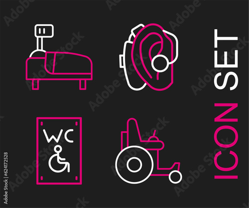 Set line Electric wheelchair, Separated toilet for disabled, Hearing aid and Hospital bed icon. Vector