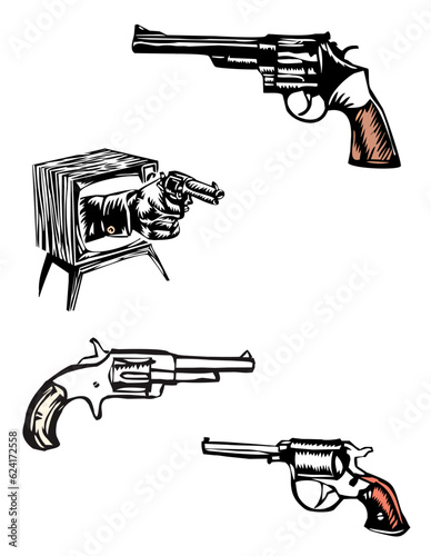 pistols, guns, revolvers, coming out of TV, derringer