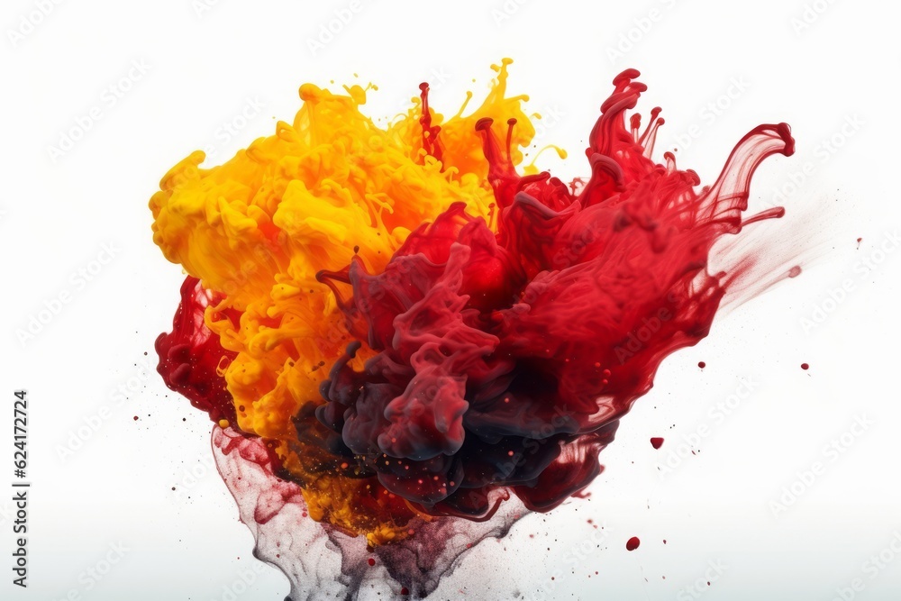 Compact Explosion of Black, Red, and Yellow Inks Isolated on a White Background, Evoking Technological Fusion and Vibrant Academia with a Touch of Water and Land Fusion