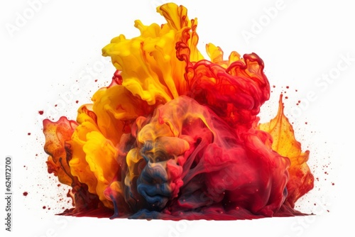 Compact Explosion of Black  Red  and Yellow Inks Isolated on a White Background  Evoking Technological Fusion and Vibrant Academia with a Touch of Water and Land Fusion