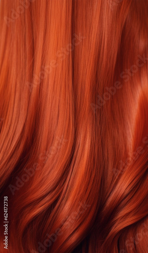 A closeup view of a bunch of shiny straight red hair . Generative AI