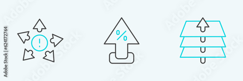 Set line Layers, Many ways directional arrow and Percent up icon. Vector